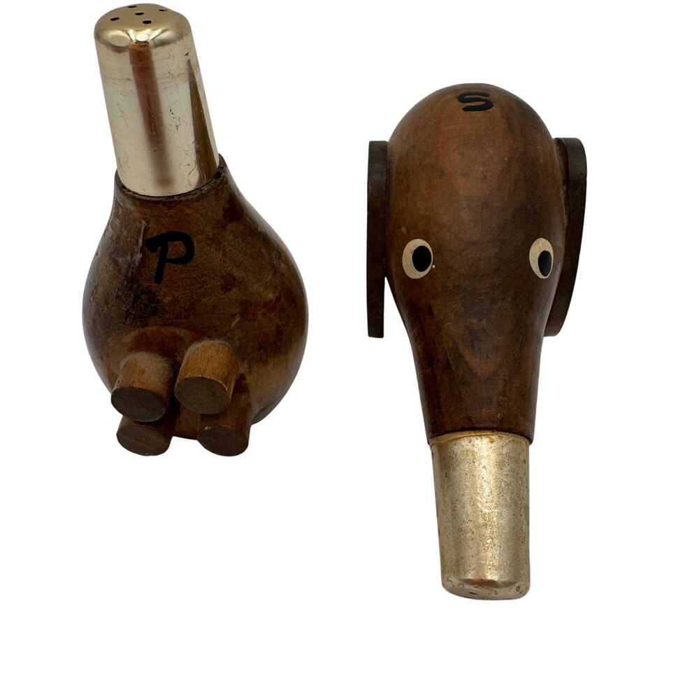 Vintage Elephant or Dog Salt and Pepper Shakers Wood and Brass Mid Century